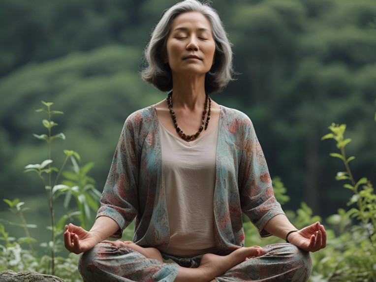 Middle aged Asian woman meditating in nature peaceful holistic lifestyle | Primal Reset