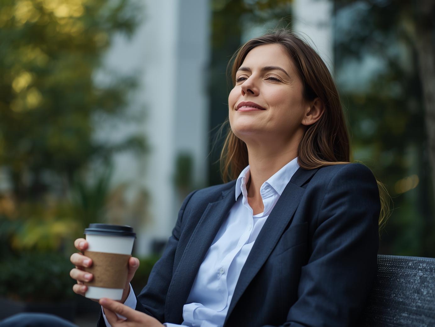 Business casual professional taking a break outdoors with coffee, relaxed expression