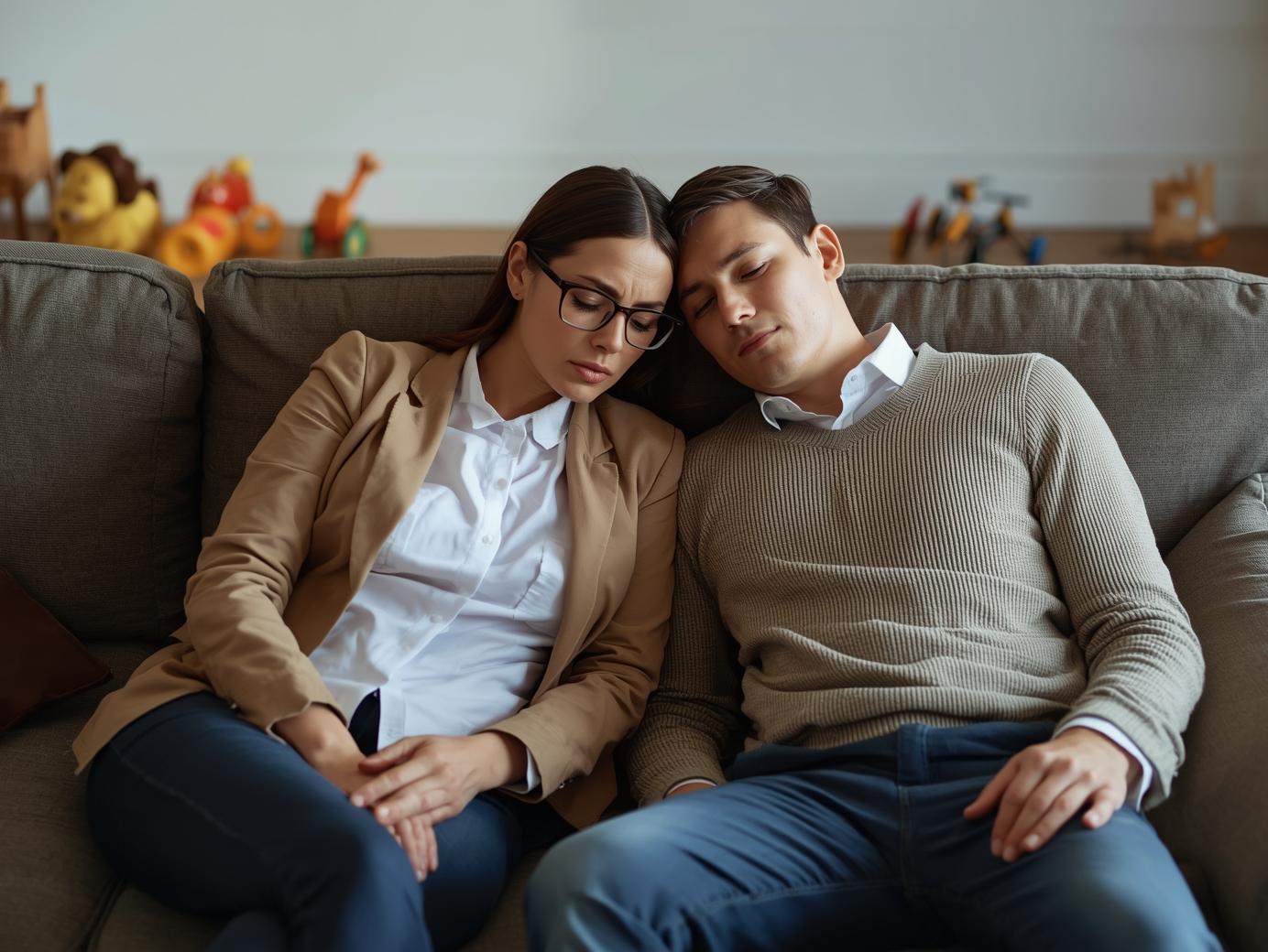 A stressed, professional couple sits on a comfortable couch, their expressions conveying a shared sense of fatigue with kids toys scattered on the back of the couch