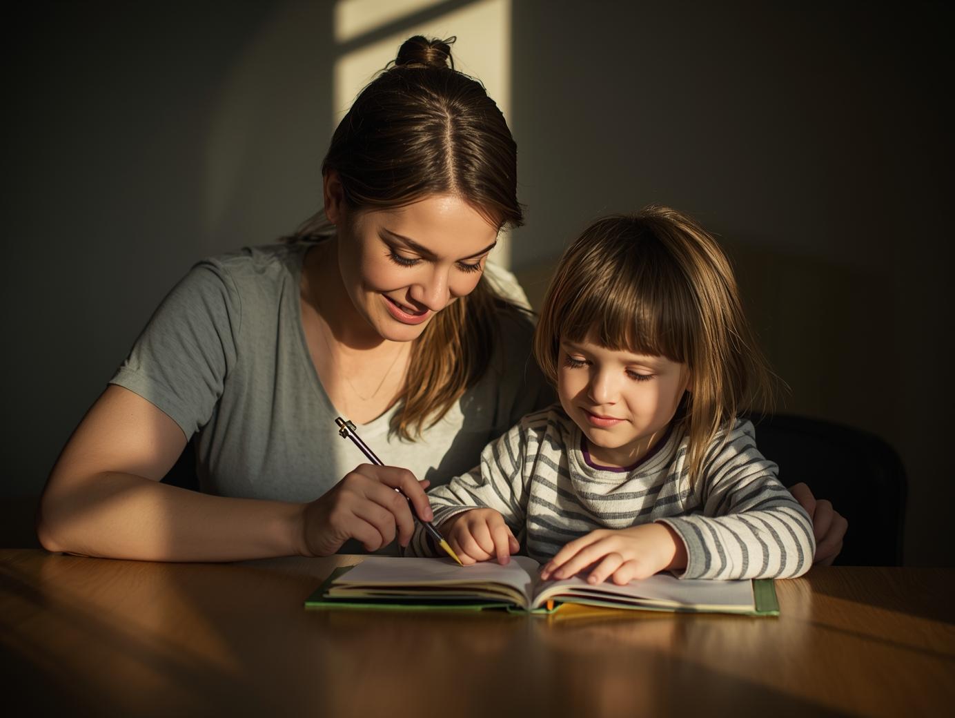 Parent and child reading or working on a project together at a cozy table, calm and happy