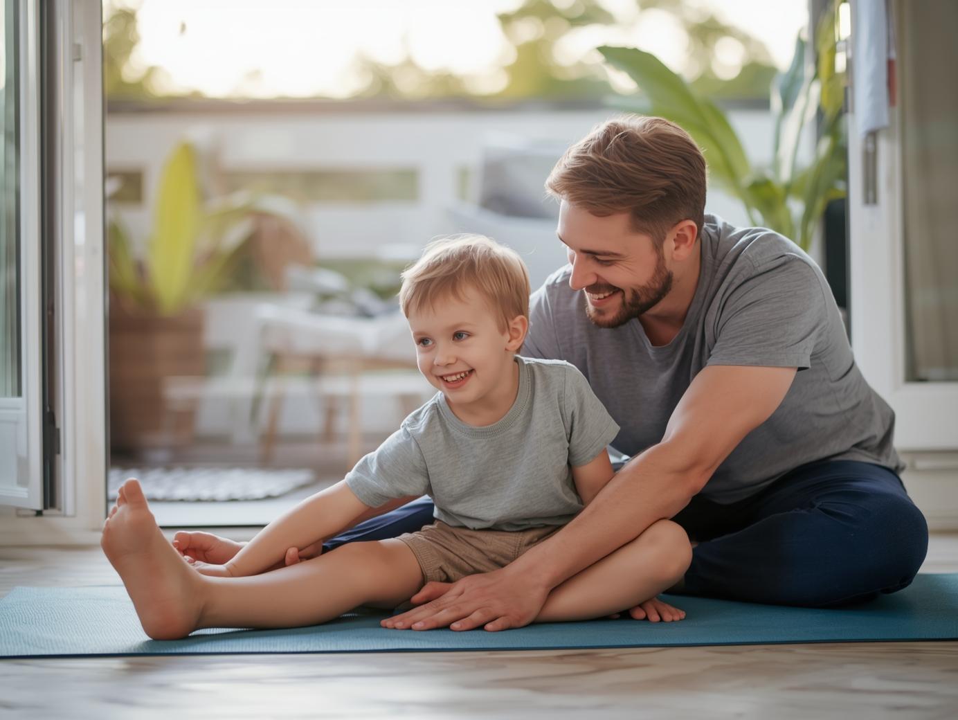 Parent doing yoga or stretching with child on a mat at home or garden