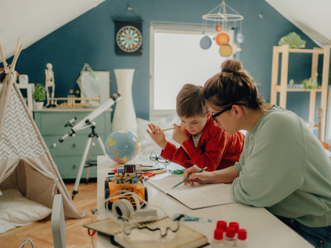 Image of a creative homeschooling environment with a mother and son doing their home learning together.